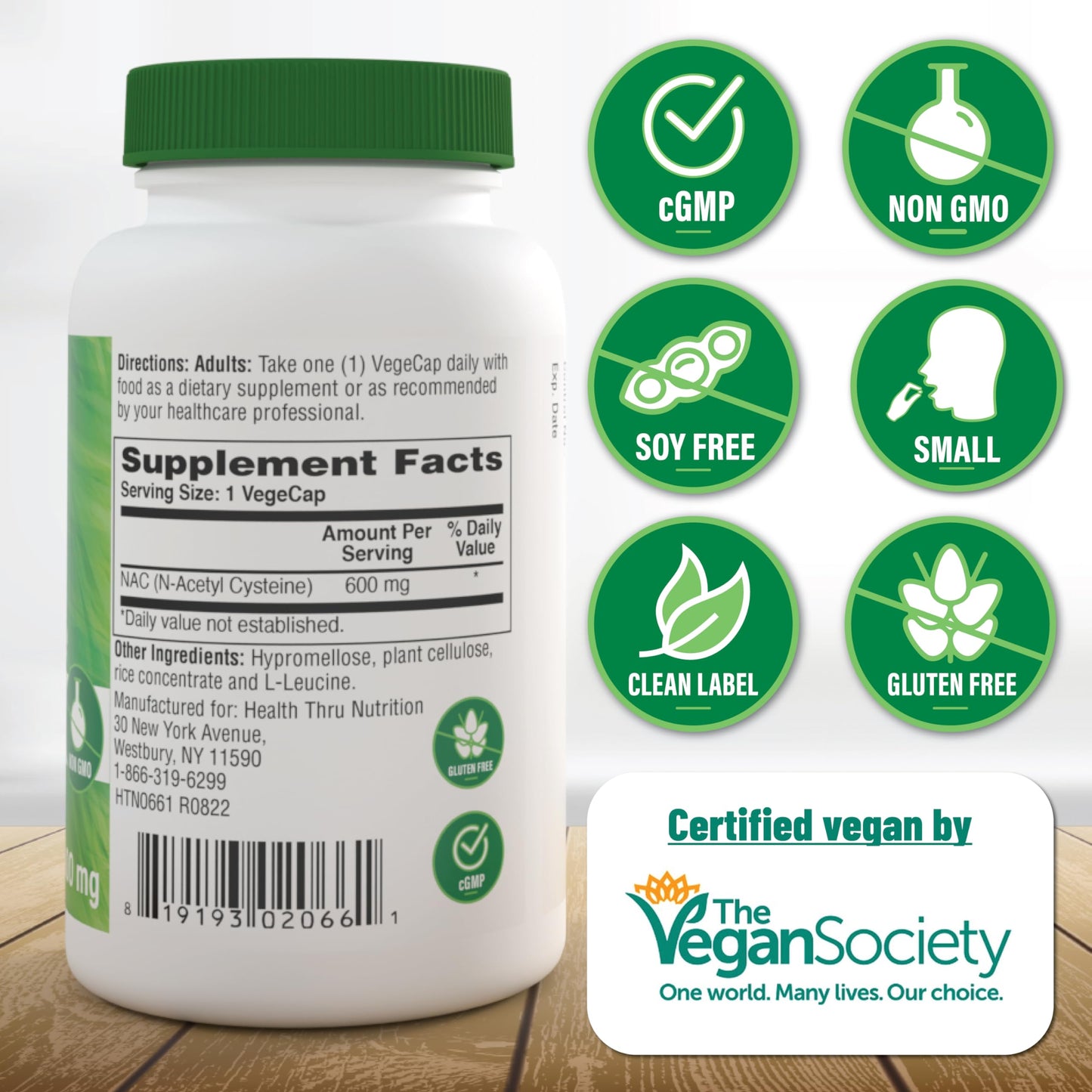 Health Thru Nutrition NAC N-Acetyl-Cysteine 600mg 60 Capsules | Vegan Certified | The Purest NAC Supplement | Supports Healthy Lung, Liver Functions & Cellular Health | Non-GMO Soy & Gluten Free