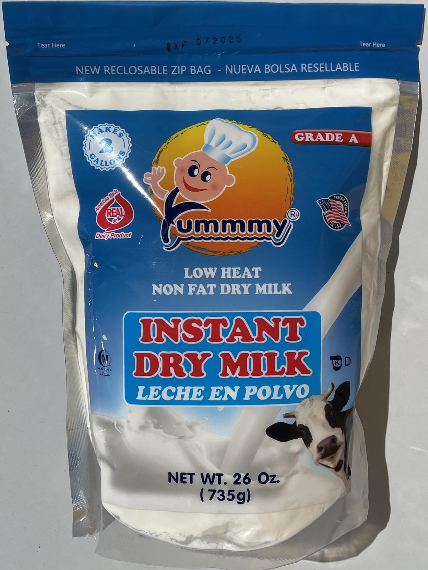 Yummmy Instant Nonfat 26 oz Powdered Dry Milk  Leche en Polvo 26 oz Grade A Kosher Halal Certified Product of USA