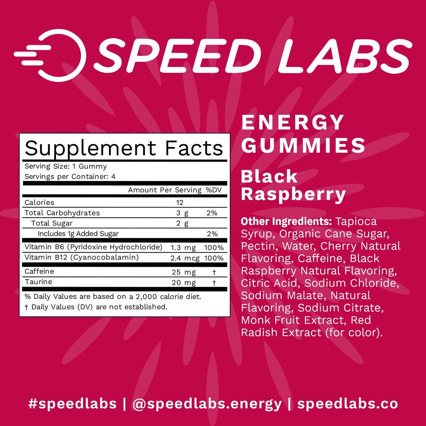 Speed Labs Caffeine Energy Gummies Black Raspberry Natural, 25mg Caffeine, Taurine, B-Vitamins per Piece, 30 Pieces, Vegan, Gluten Free, 1g Added Sugar