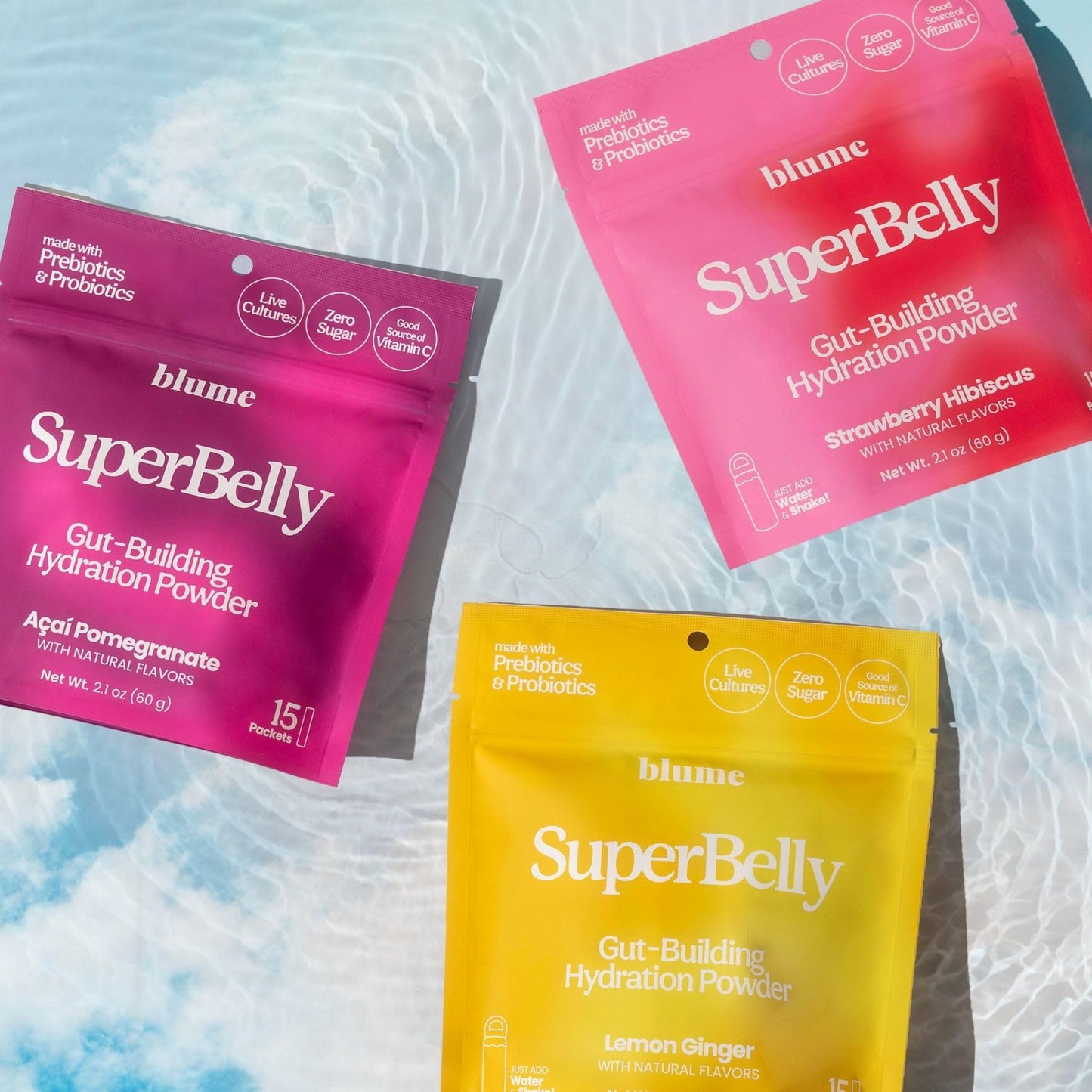 Blume SuperBelly Variety Pack, Gut Health Hydration Packets, Sugar-Free, with Prebiotics, Probiotics, Apple Cider Vinegar, and Electrolytes, Strawberry, Lemon, and Acai, 45 Sticks