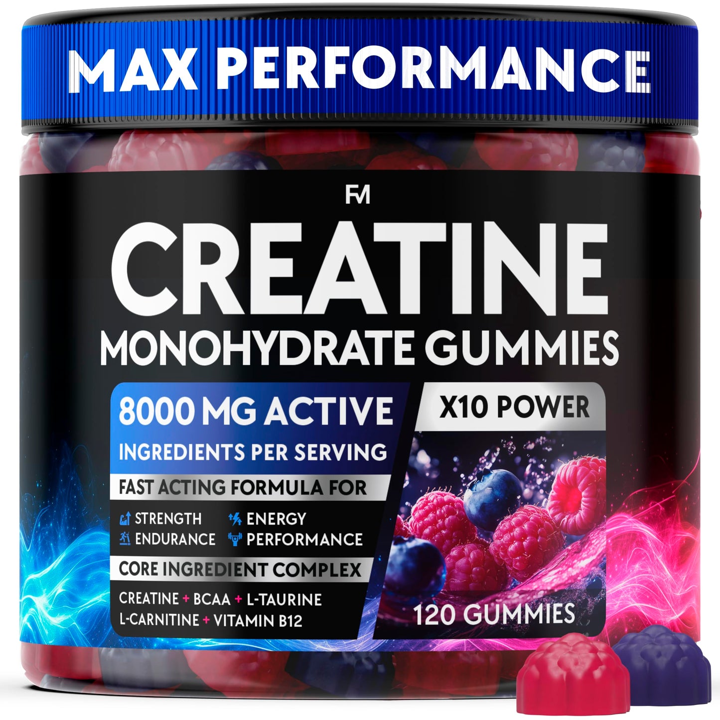 Creatine Monohydrate Gummies Complex 8000 MG for Men & Women, Preworkout Gummy with BCAA, L-Carnitine, Taurine & Vitamin B12 for Muscle Growth, Strength & Energy Support, Flavored and Chewable