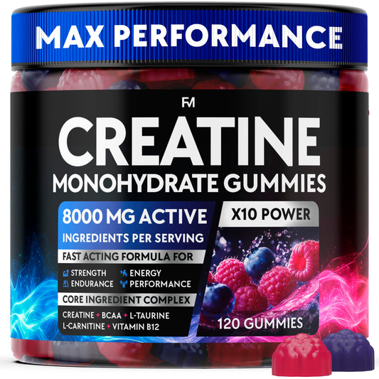 Creatine Monohydrate Gummies Complex 8000 MG for Men & Women, Preworkout Gummy with BCAA, L-Carnitine, Taurine & Vitamin B12 for Muscle Growth, Strength & Energy Support, Flavored and Chewable