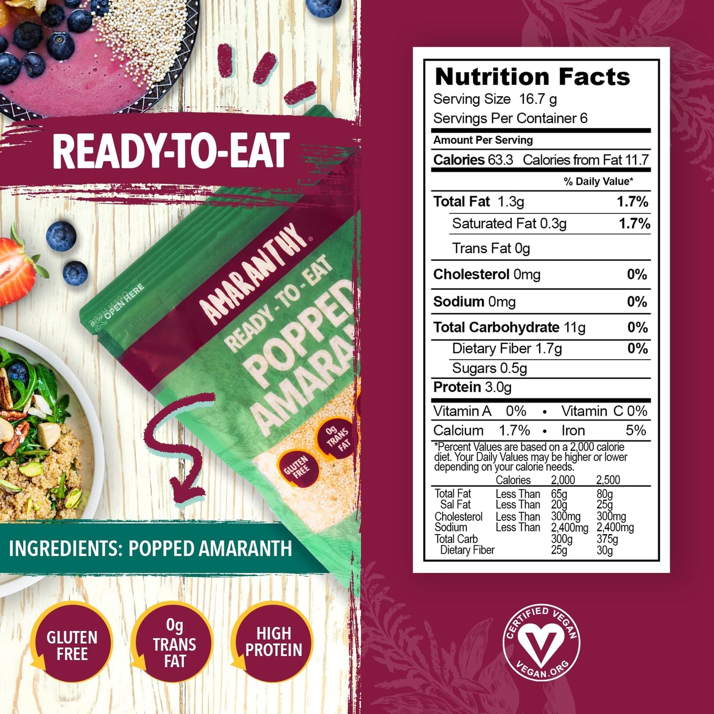 Amaranthy Readytoeat Popped Amaranth Bag 353 oz  High Protein Grain  Low Calorie  Vegan 1 Popped Bag 35 oz