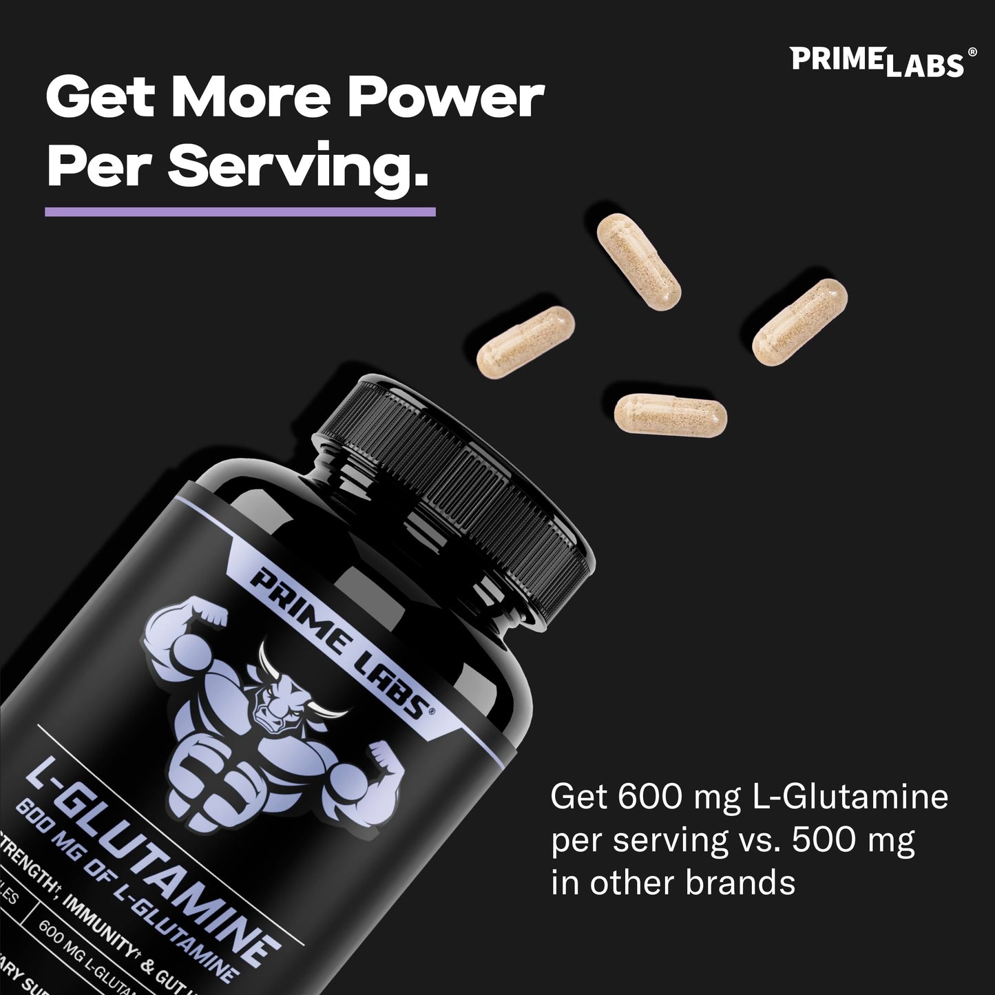 Prime Labs L Glutamine Capsules 600mg - Supports Strength, Muscle Recovery, Immunity, & Gut Health - Amino Acid Supplement - for Men & Women