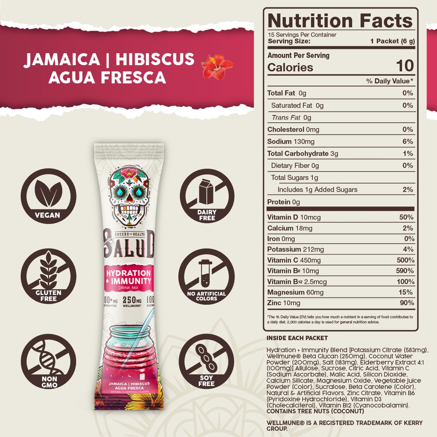 Salud 2-in-1 Hydration Packets + Immunity Electrolytes Powder, Hibiscus - Jamaica Agua Fresca Drink Mix, Elderberry, Dairy & Soy Free, Non-GMO, Gluten Free, Vegan, Low Calorie, 1g Sugar (15 Servings)
