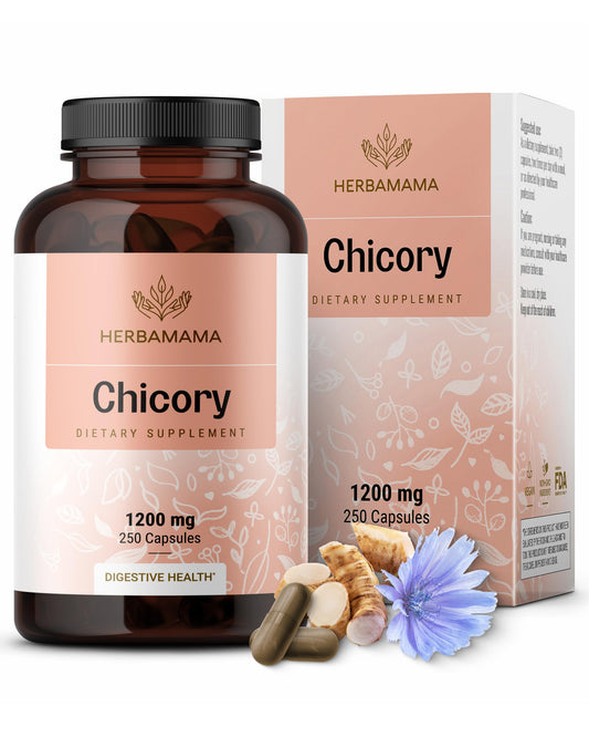 HERBAMAMA Chicory Root Fiber Capsules - 1200mg Chicory Root Powder for Gut Cleanse & Digestive Support - Vegan, Non-GMO Inulin Prebiotic Fiber Supplement, 250 Caps