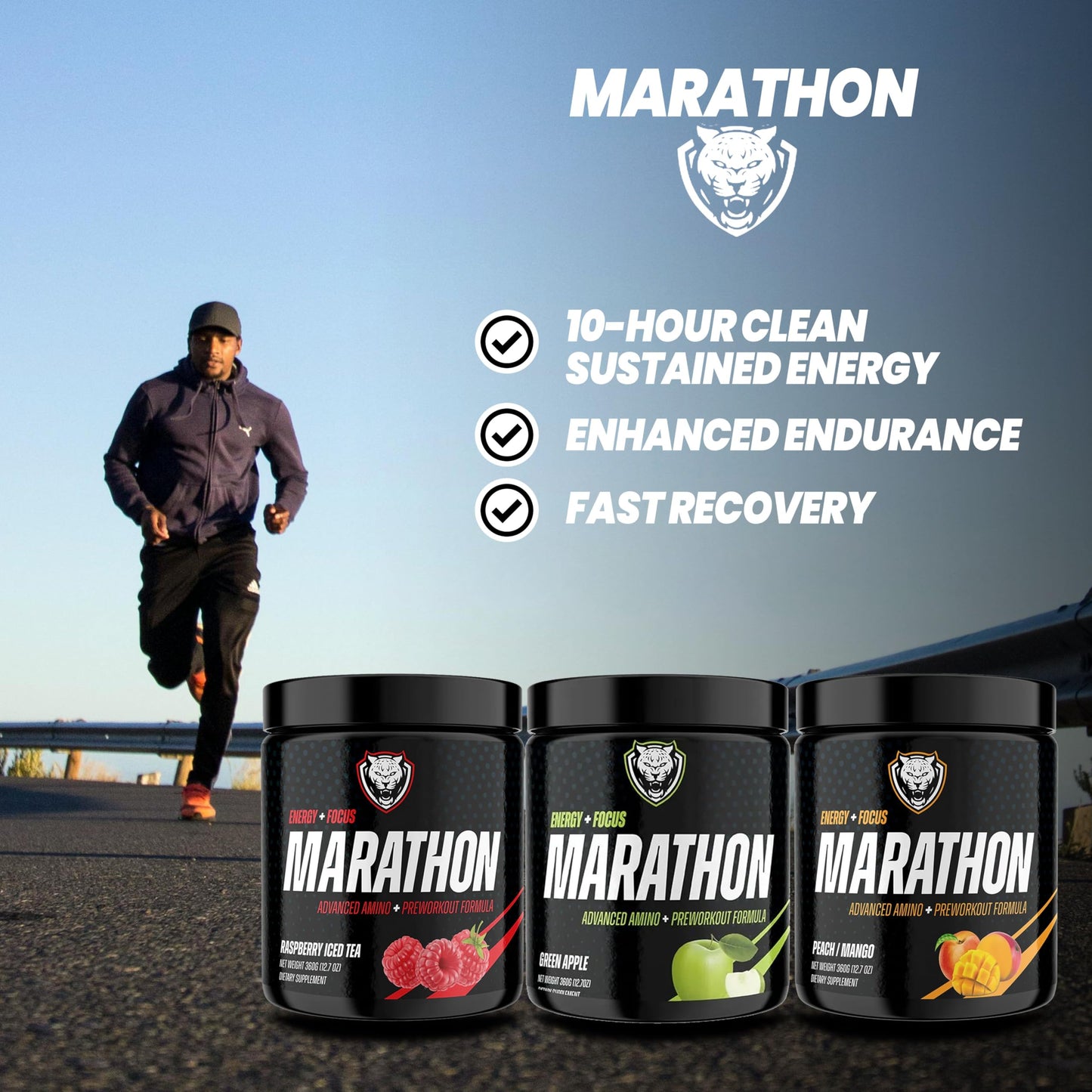 6AM Run Marathon, Pre Workout Powder for Distance Running, High Energy Amino Formula, for Cardio and Stamina, No Jitters, All Natural, Keto, Vegan, Peach Mango Flavor, 40 Servings