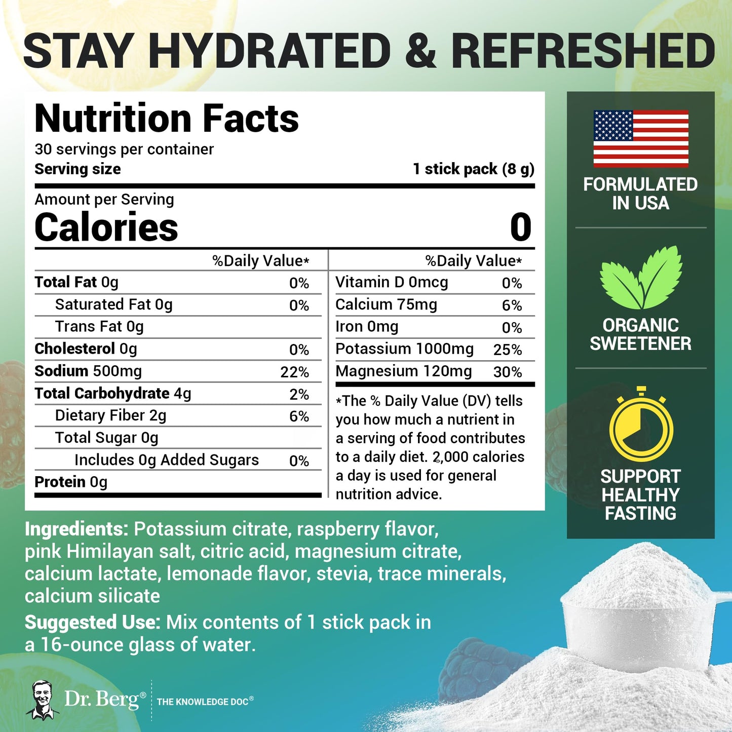 Dr. Berg Sports Hydration Electrolytes Powder w/More Salt (Pink Himalayan) - 30 Keto Electrolytes Powder Packets w/a Delicious Salty Raspberry & Lemon Flavor - Includes 1,000mg of Potassium