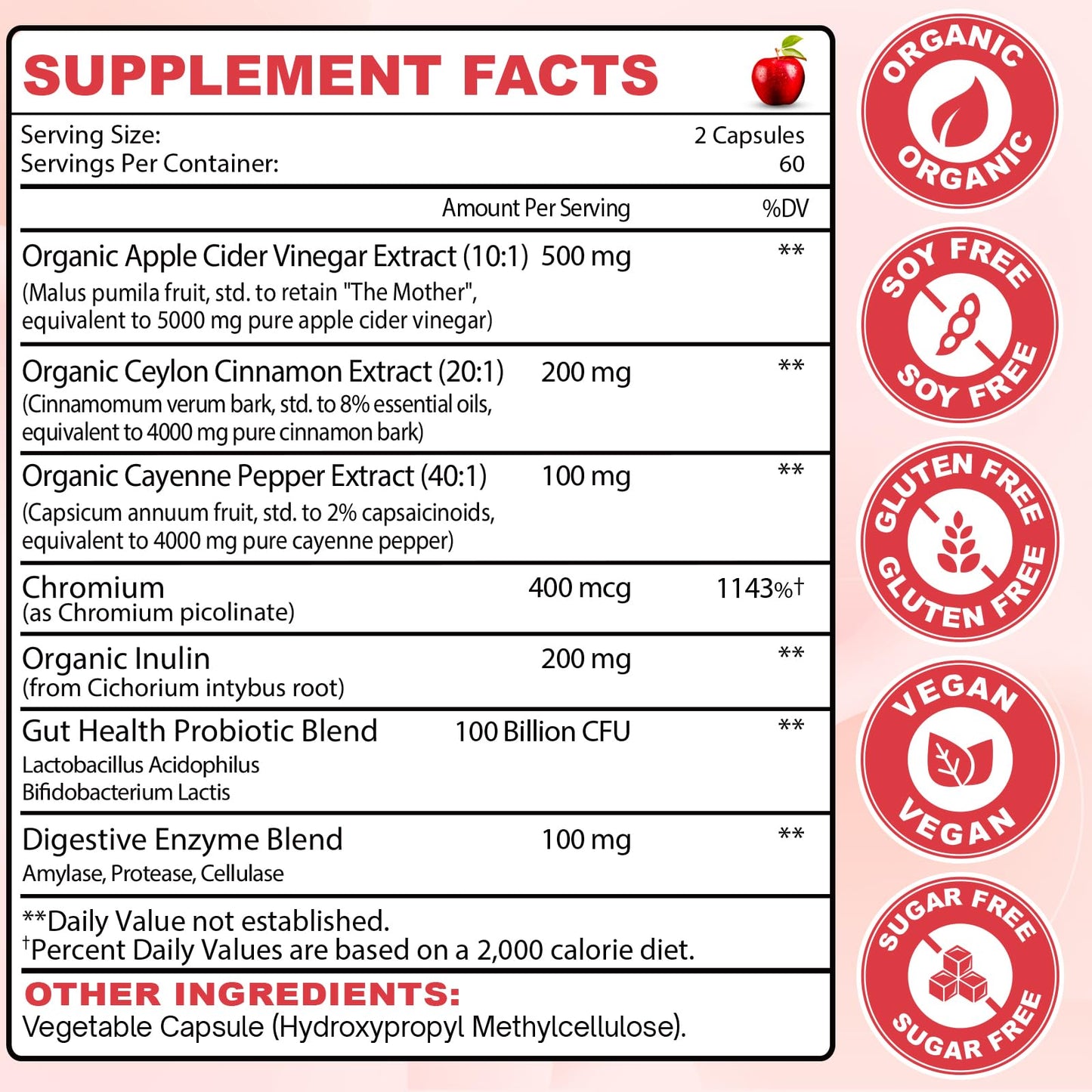Apple Cider Vinegar Capsules with Mother, Max Strength ACV Pills Supplements with Organic Cayenne Pepper & Ceylon Cinnamon, Inulin, Probiotic for Diet, Digestion, Detox, Immune, Non-GMO, 120 Capsules