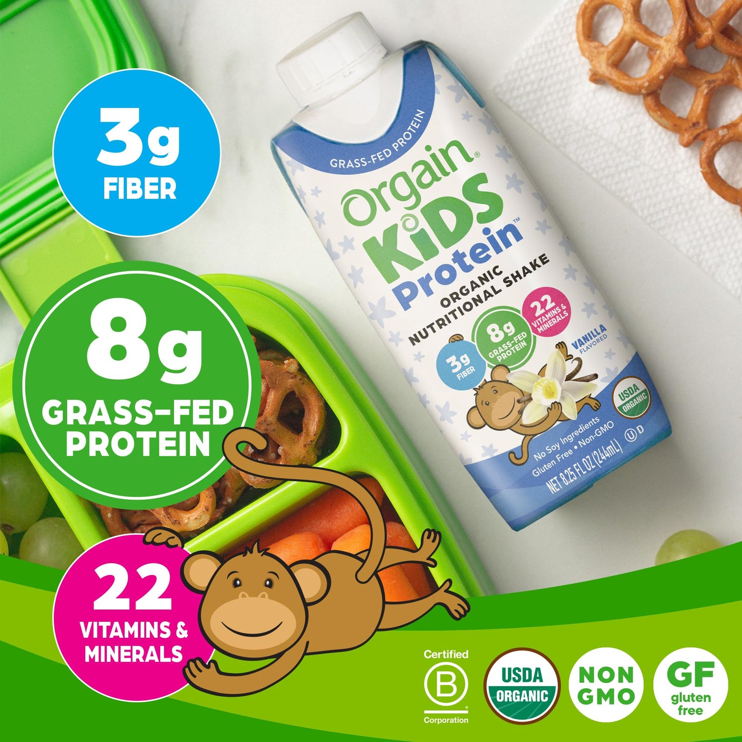 Orgain Organic Kids Nutritional Protein Shake, Vanilla, Healthy Kids Snacks, 8g Dairy Protein, 3g Fiber, 22 Vitamins & Minerals, No Soy ingredients, 8.25 Fl Oz (Packaging May Vary) (4 Pack)