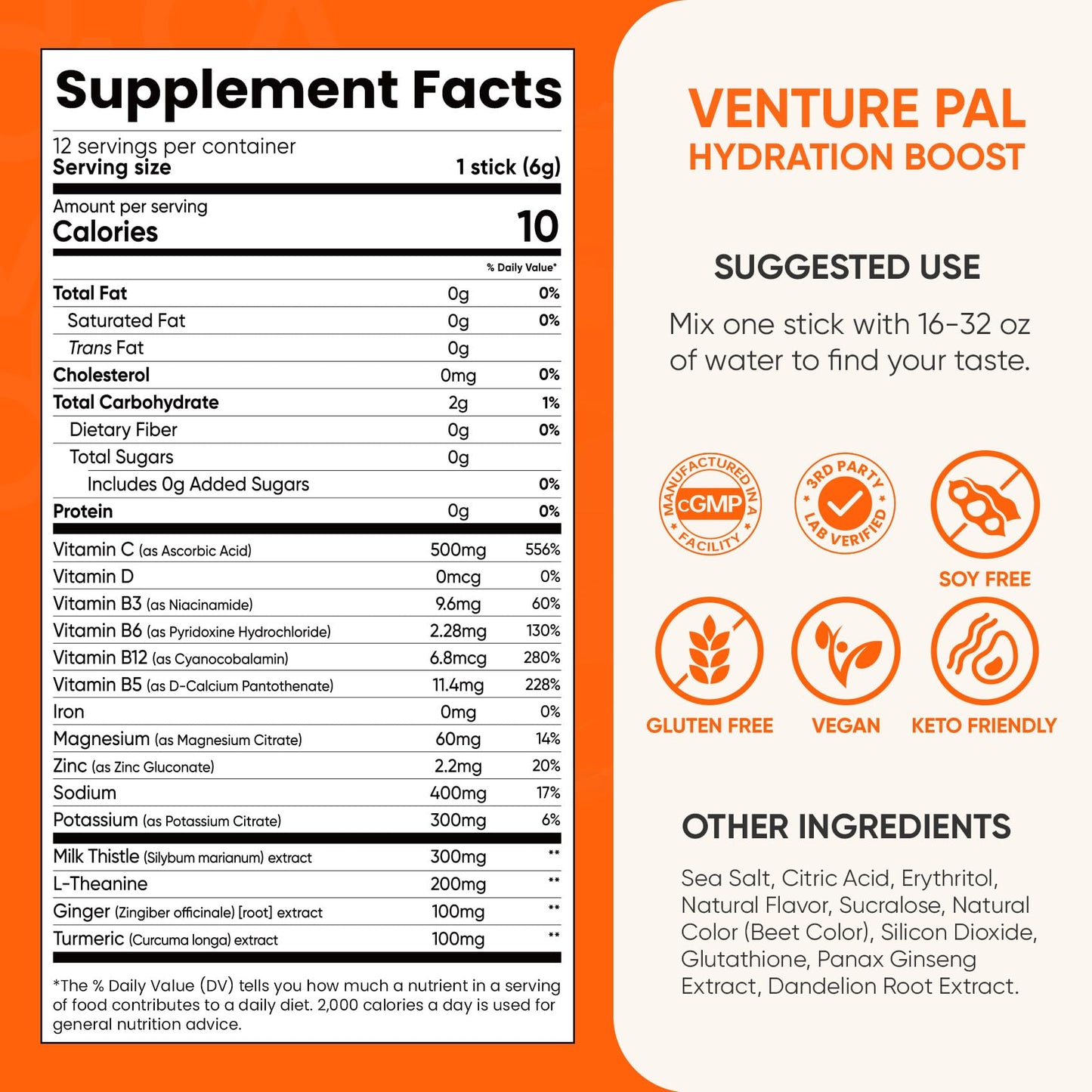 Venture Pal Sugar-Free Hydration Boost + Liver Support - Liquid Daily IV Hydration Packets | Electrolytes Drink Mix with 7 Electrolytes & 5 Vitamins, Milk Thistle | Keto Friendly | Vegan, 12 Sticks