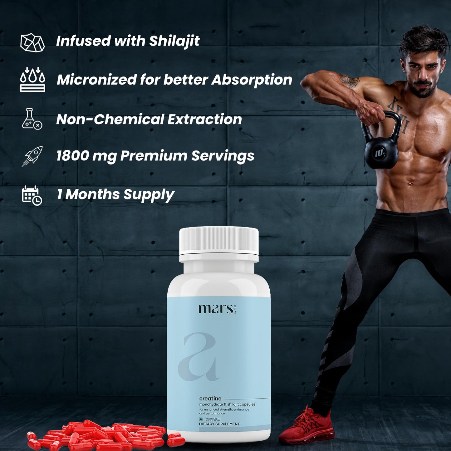 Mars Micronized Creatine Monohydrate Caps with Shilajit & Surgemax (120N) | 100% Pure & Natural | Overall Well-Being - Pack of 1