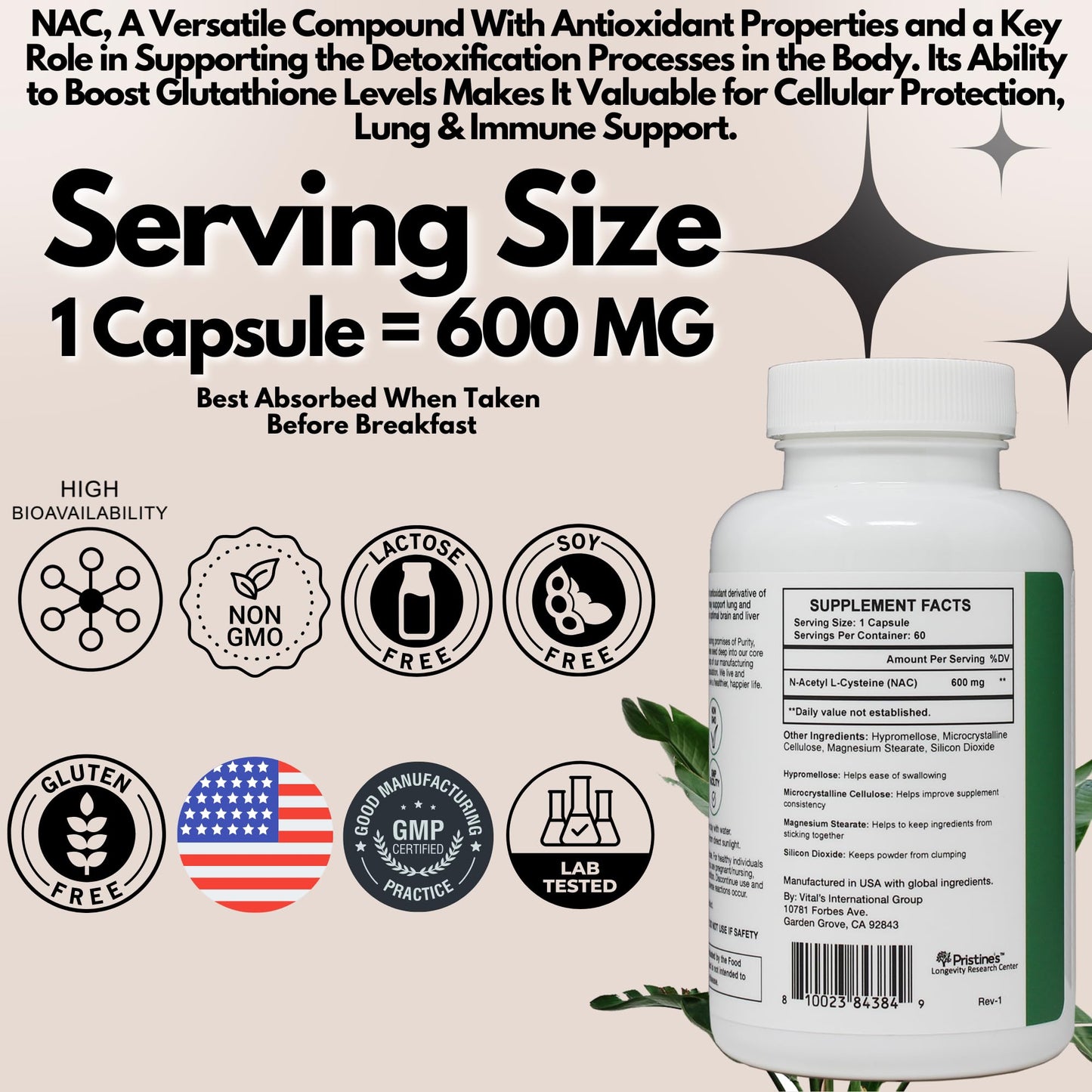 PRISTINE'S N-Acetyl L-Cysteine (NAC) Immunity, Lung, & Liver Support Supplement Capsules - 600MG 60 Day Supply - Potent Antioxidant - Vegan, Gluten Free, Non GMO