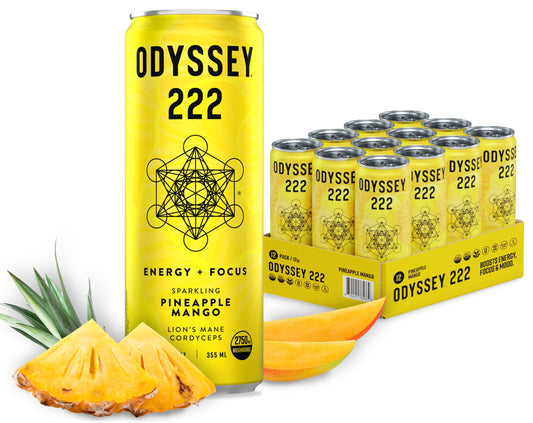 Odyssey Elixir  Odyssey 222  Sparkling Energy Drink  222 mg of Caffeine  Lions Mane  Cordyceps  Energy  Focus  Endurance  Stamina  Nootropic  Pre Workout  Pineapple Mango