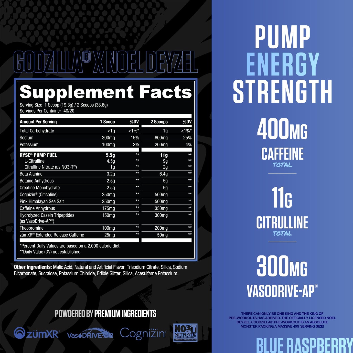 Ryse Noel Deyzel x Godzilla Pre Workout | Intense Pumps, Energy, & Focus | Citrulline & Beta Alanine | 400mg Total Caffeine | 40 Servings (Blue Raspberry)