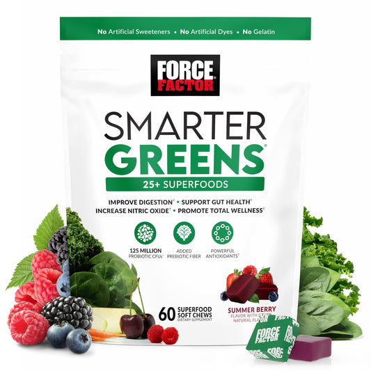 FORCE FACTOR Smarter Greens Superfood Chews, Greens and Superfoods with Probiotics, Antioxidants, and Fiber, Greens Supplement to Support Digestion, Nitric Oxide, and Energy, 60 Soft Chews