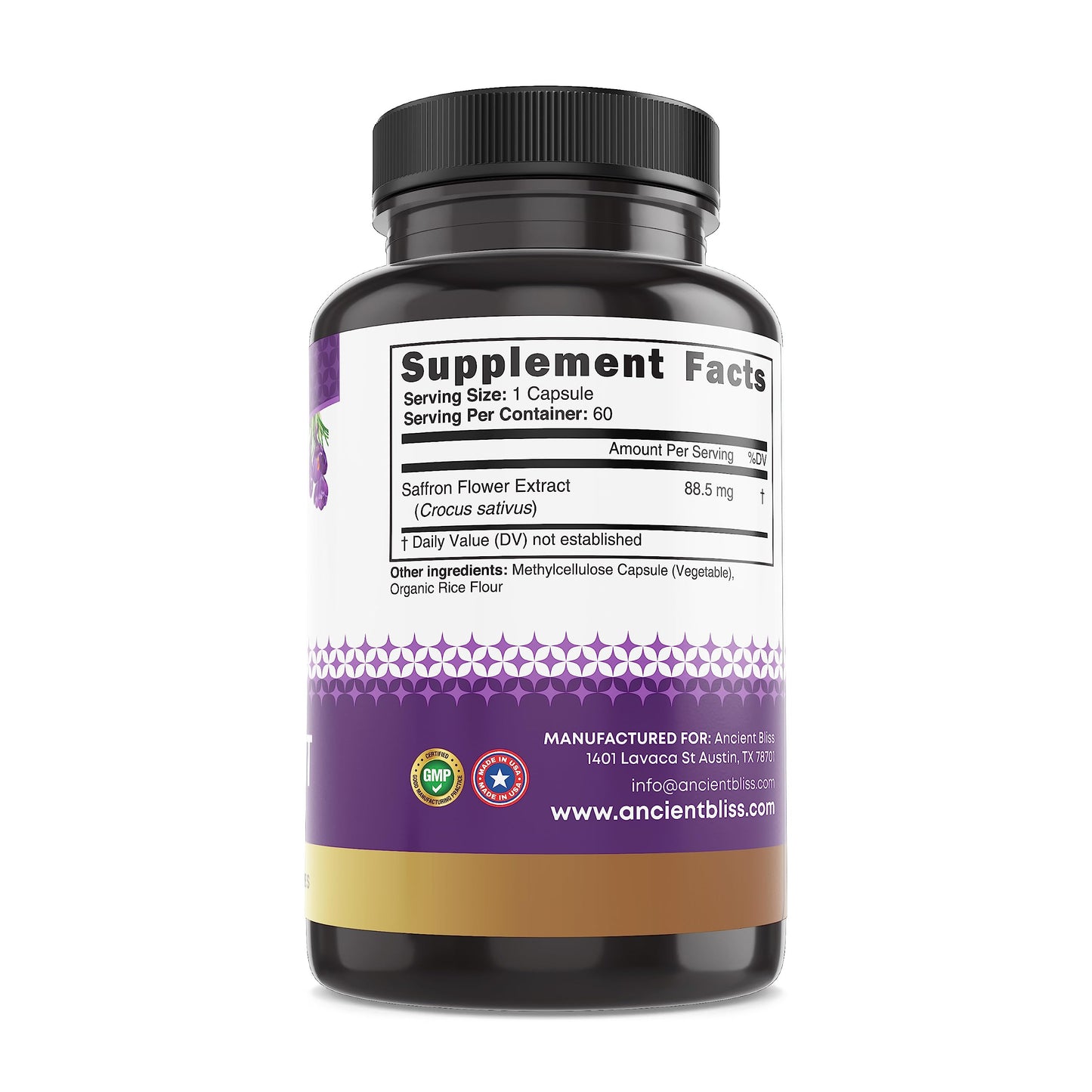 Ancient Bliss Saffron Extract Capsules Mood & Eye Support Supplement, Saffron Extract Appetite Suppressant Weight Management for Women & Men (60 Capsules)