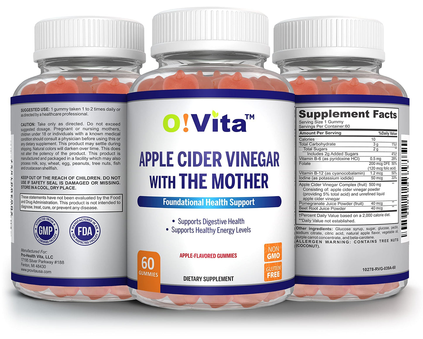 O!VITA Apple Cider Vinegar Gummies with The Mother, Gluten Free, Vegan, Made with Pomagranate, Beet Root, and Vitamin B12 for Energy - 60 Non-GMO Apple Flavored Gummies, up to 2-Month Supply