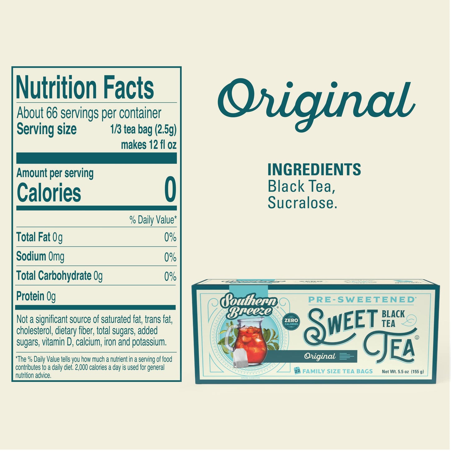 Southern Breeze Hot Brew Sweet Tea Original Iced Tea with Black Tea and Zero Carbs Zero Sugar 22 Individually Wrapped Family Size Tea Bags Pack of 2