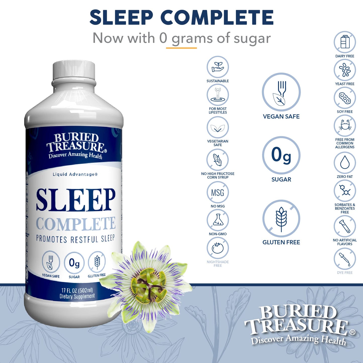 Buried Treasure Sleep Complete Promotes Restful Sleep with Chamomile Passion Flower Lemon Balm Melatonin Herbal Whole Food Complex 16 oz
