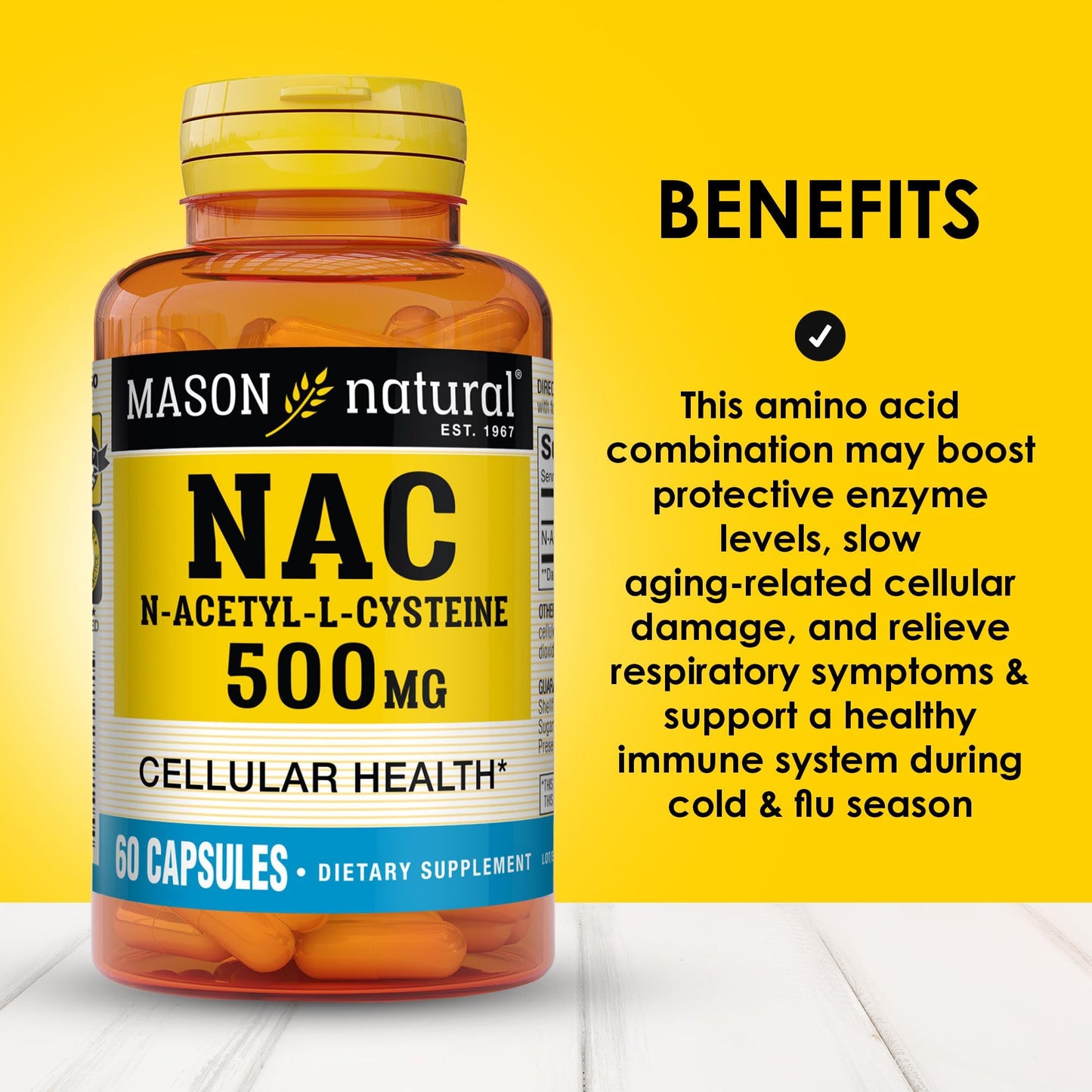 Mason Natura NAC N-Acetyl-L-Cysteine 500 mg, 2 Month Supply, Supports Normal Cellular Health, Immune System Booster for General Wellness, 60 Capsules