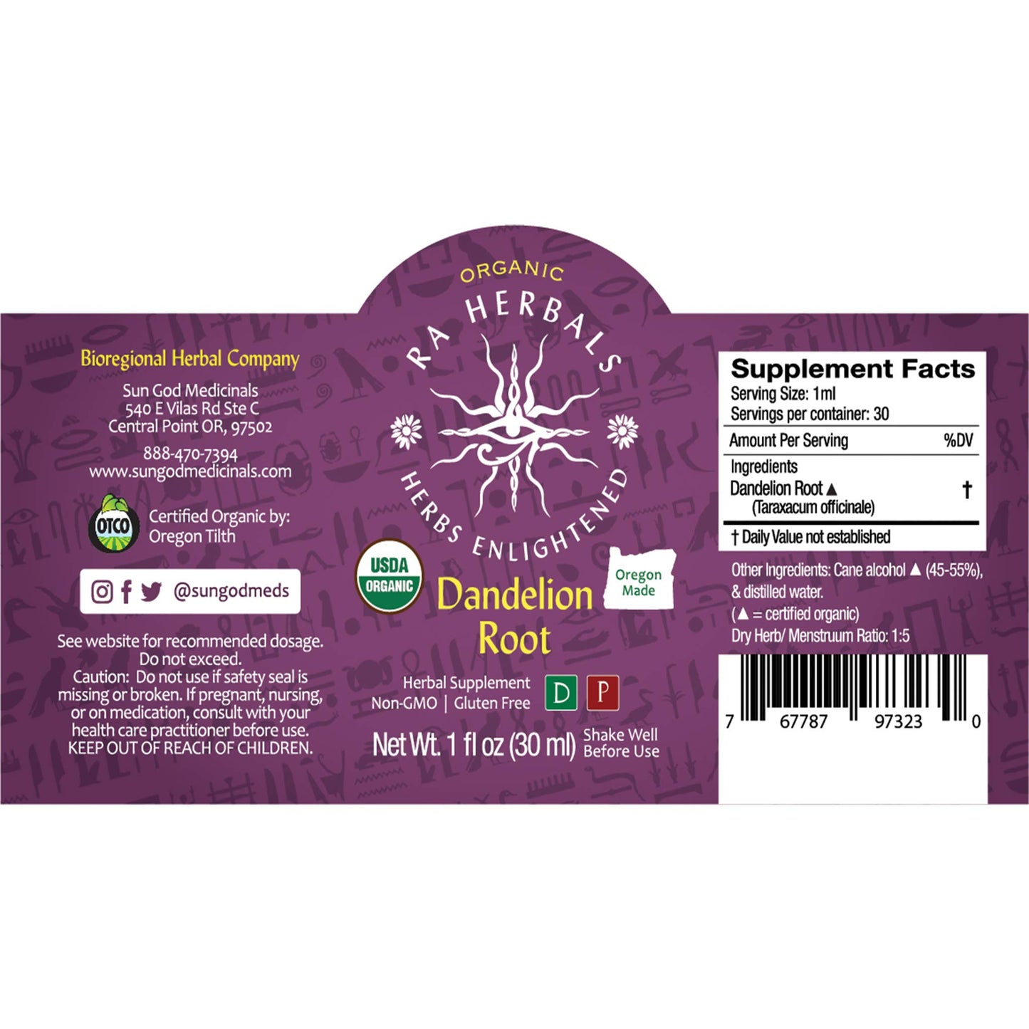 Sun God Medicinals Ra Herbals Organic Dandelion Root Liquid Extract - Detox Support - 1 fl oz
