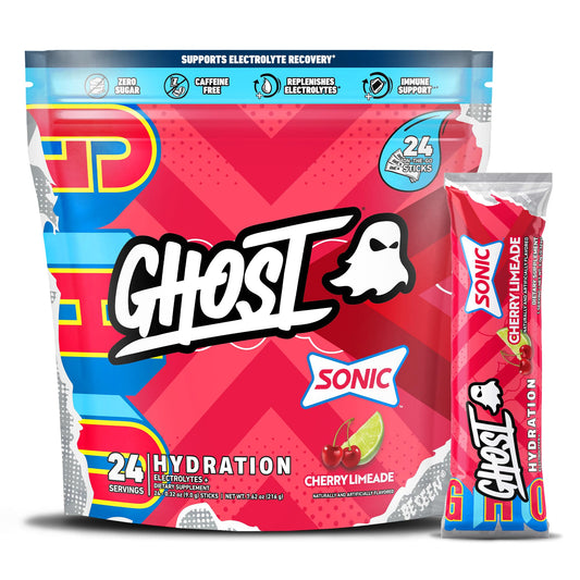 GHOST Hydration Packets, Sonic Cherry Limeade, 24 Sticks, Electrolyte Powder - Drink Mix Supplement with Magnesium, Potassium, Calcium, Vitamin C - Vegan Friendly, Free of Soy, Sugar & Gluten