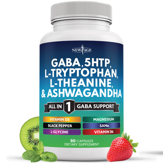 NEW AGE GABA 750mg 5 HTP 200mg L Tryptophan 500mg L Theanine 200mg Ashwagandha SAM-e L-Glycine - Vitamins for Women and Men with L-Tyrosine 5-HTP (5-Hydroxytryptophan) - 90 Count