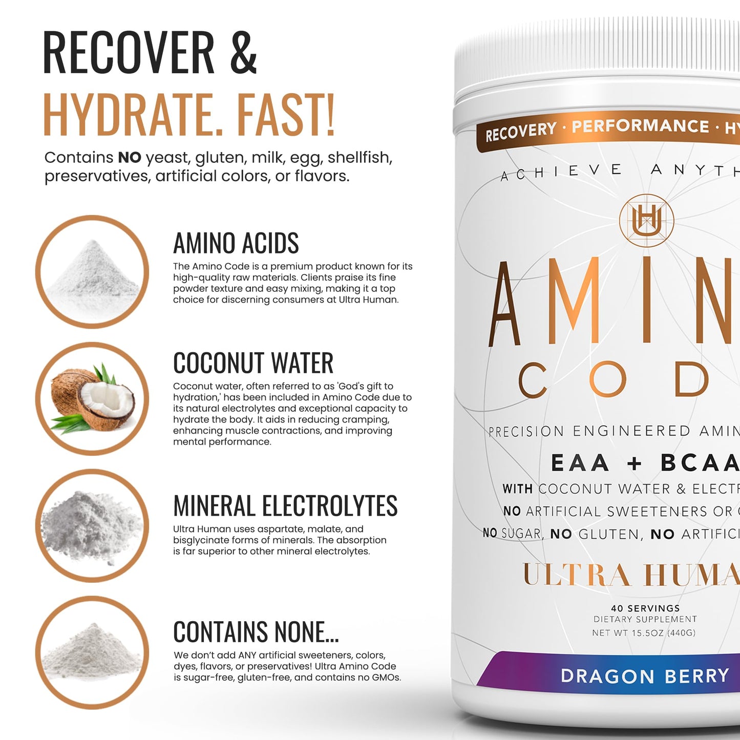 Ultra Human Amino Code | Essential Amino Acids + BCAAs + Coconut Water Electrolytes | Fast Hydration Workout Recovery Flavored Amino Energy Powder Drink | Clean Formula, 40 Servings - Dragonberry