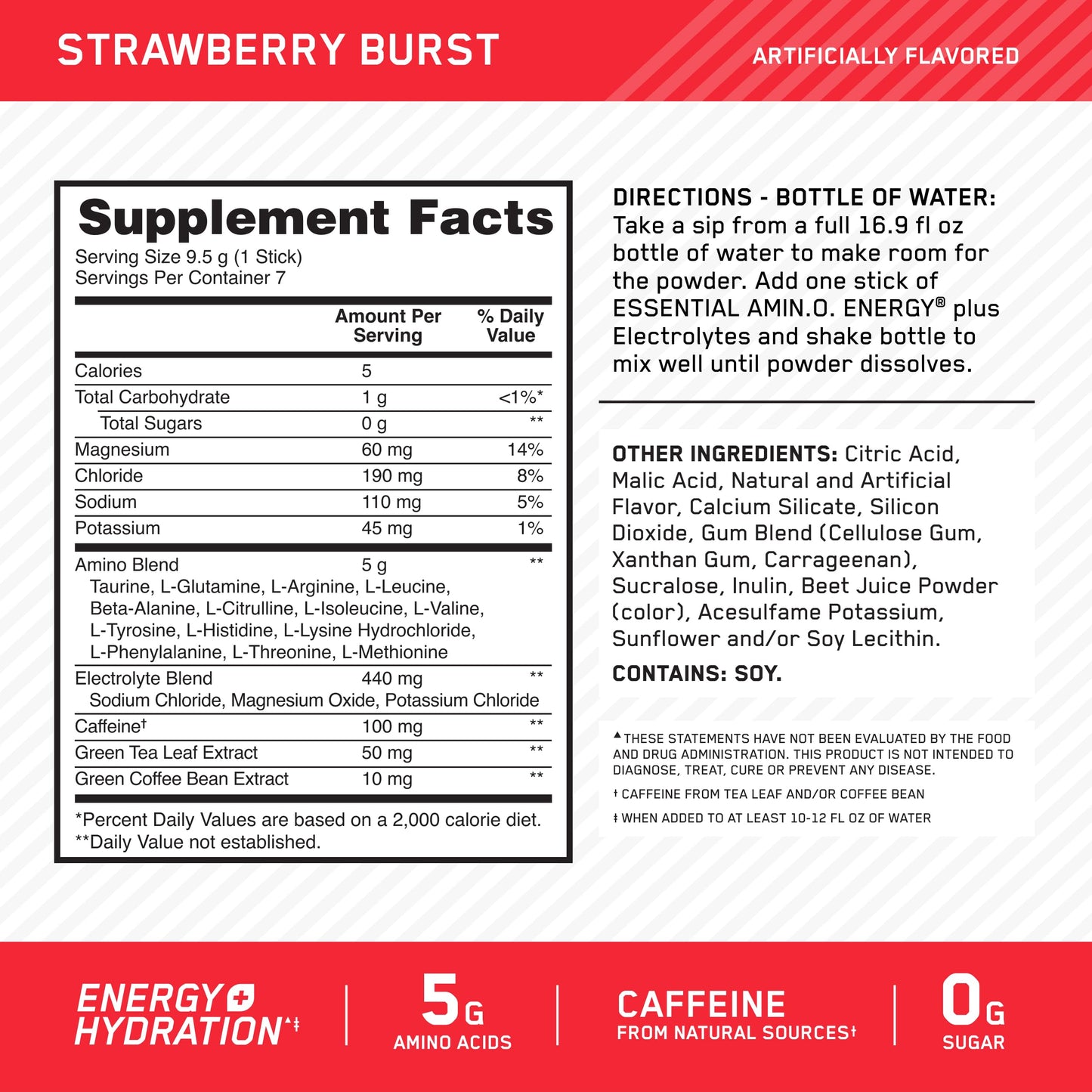 Optimum Nutrition Essential Amino Energy Plus Electrolytes Stick Packs, Energy Powder, Strawberry Burst, 7 Count