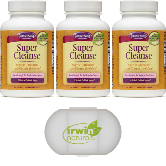 Nature's Secret Super Cleanse Extra Strength Toxin Detox & Gentle Elimination Total Body Cleanse, Digestive & Colon Health Support, 3 Packs of 100 Tablets, with a Pill Case