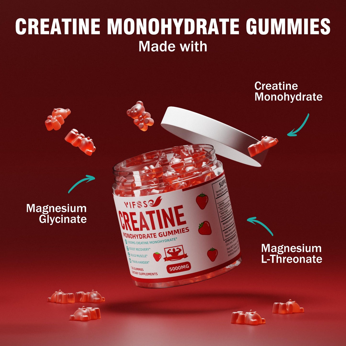VIFSSG Creatine Monohydrate Gummies 5 g for Men & Women, 120 Sugar Free Gummies with 200 Mg Magnesium Glycinate, 200 Mg L-Threonate for Muscle Support, Energy Boost