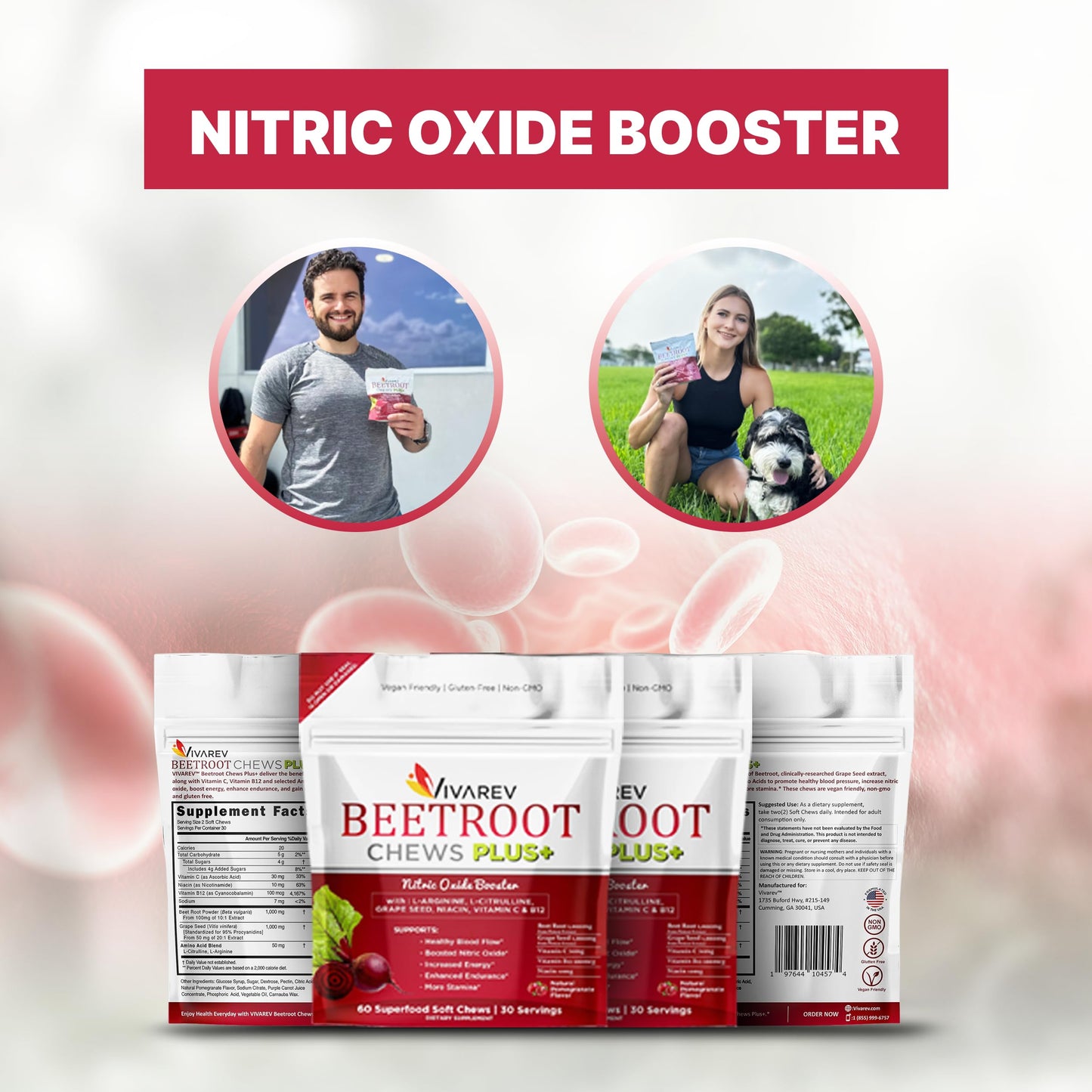 VIVAREV Beetroot Nitric Oxide Supplement - 1000mg Beet Powder with L Arginine, L Citrulline, Grape Seed Extract, Niacin, Vitamin C & B12 - Beet Chews - Pack of 60