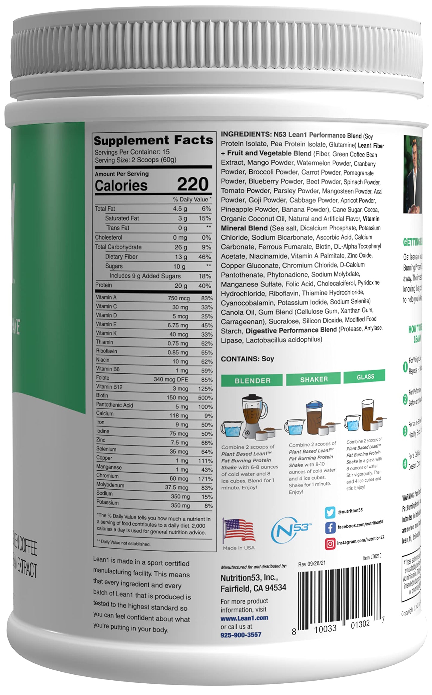 Lean1 Plant-Based Meal Replacement Protein Powder, Chocolate Flavor, 15-Serving Tub