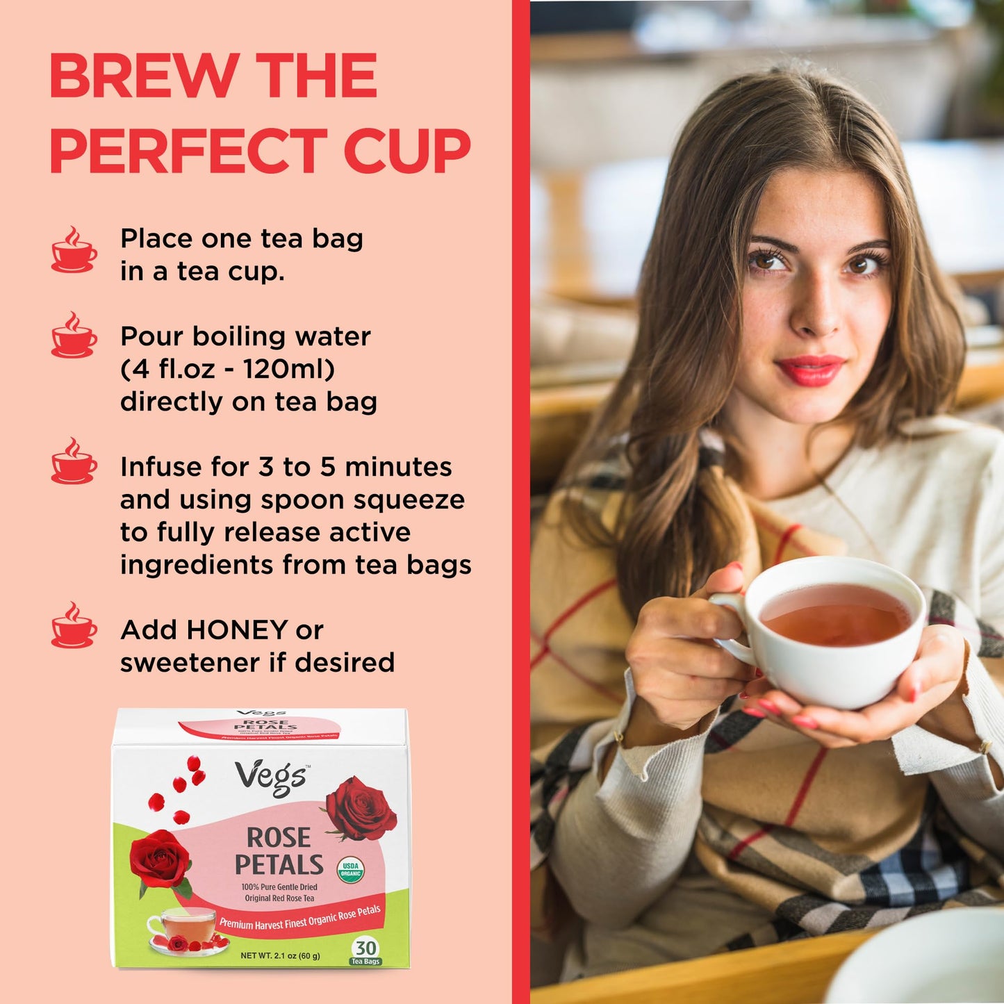 Vegs Rose Petals Tea  100 Pure Red Rose 30 Tea Bags  Organic Real Rose Flower Herbal Tea Caffeine Free  Premium Food Grade Rose Petals