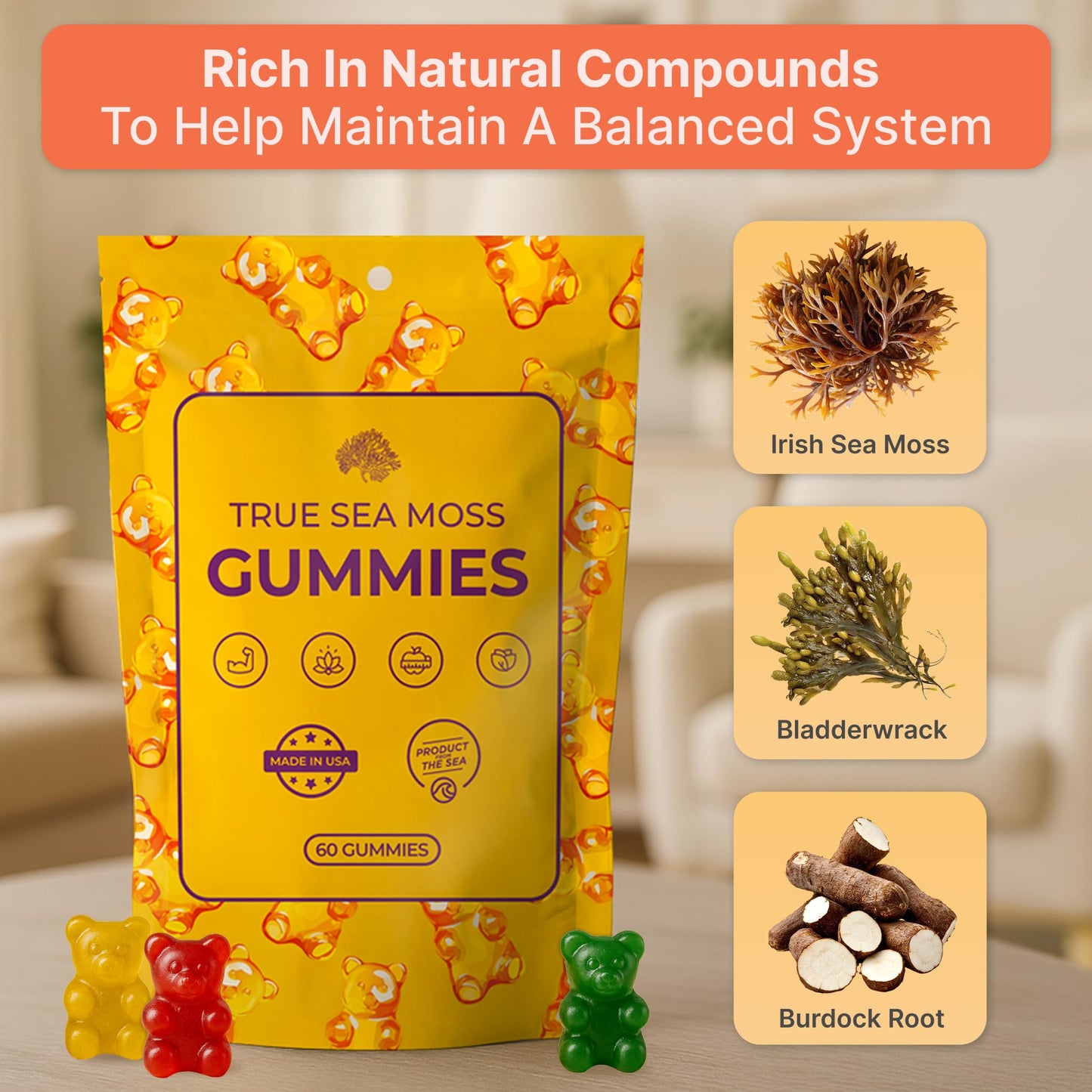 TrueSeaMoss Sea Moss Gummies for Women, Kids & Men with Bladderwrack, Burdock Root & Magnesium - 60 Vegan Gummies