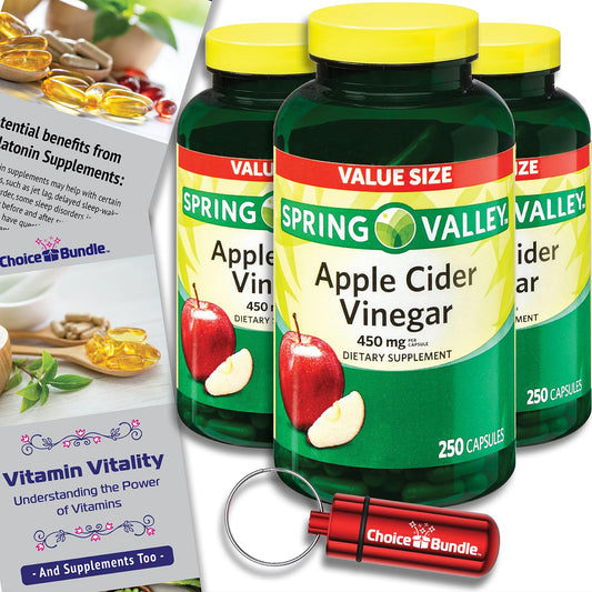 Choice Bundle Spring Valley Apple Cider Vinegar Capsules 450 mg Dietary Supplement 250 Ct 3 pk (750 Total) + Vitamin Guide and Pill Container (5 Items)!