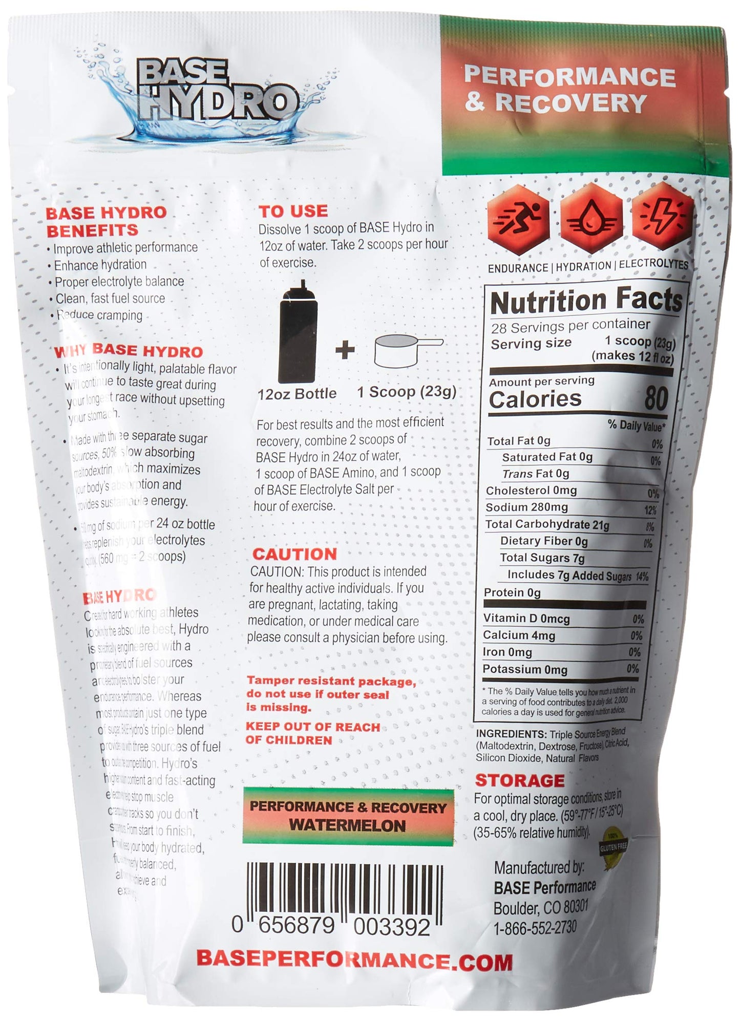 BASE Performance Hydro - Watermelon | 28 Servings Within Each eco-Friendly Mylar Bag | Blend of Dextrose, Fructose, maltodextrin and Essential Electrolytes. (Watermelon)