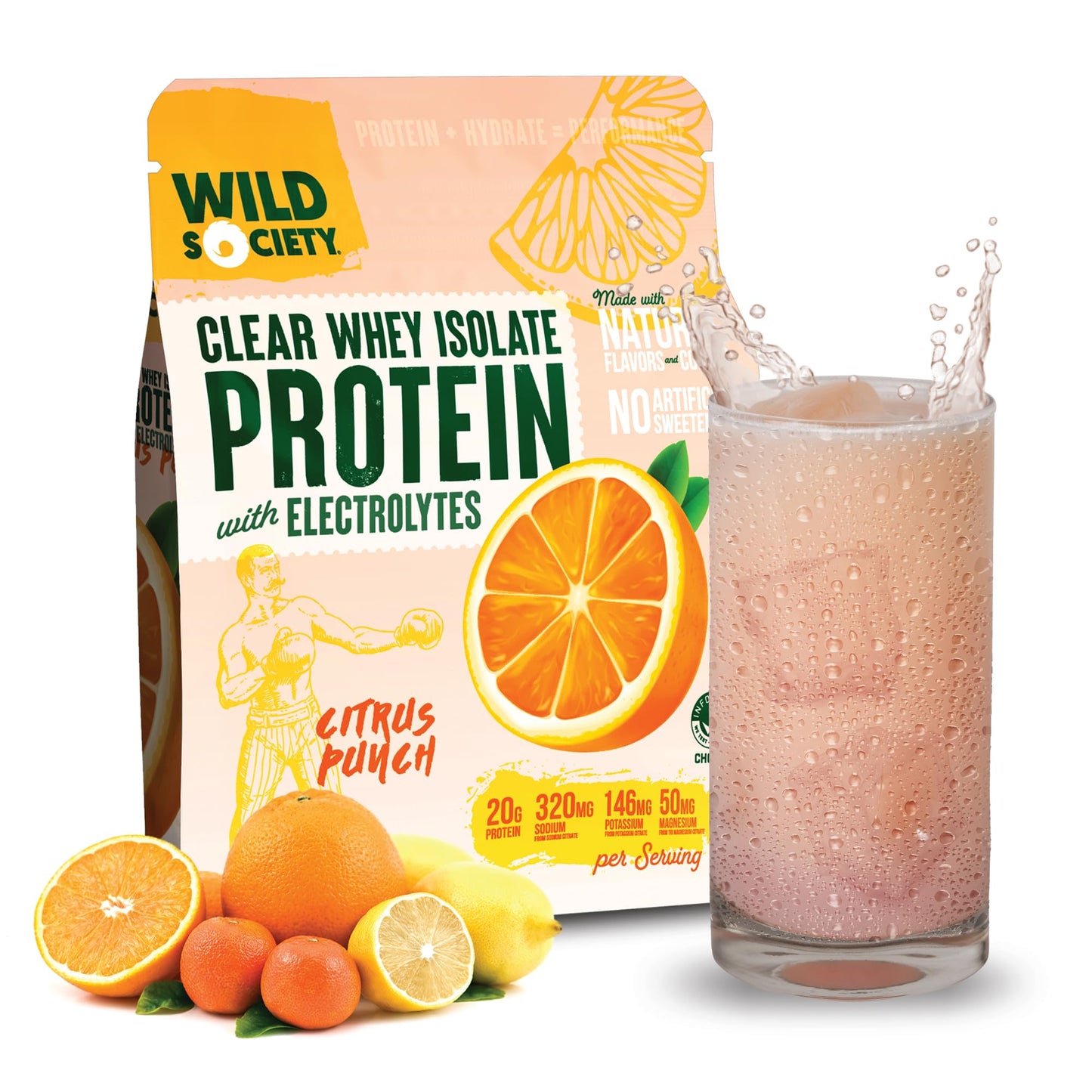 WILD SOCIETY - Premium Clear Whey Protein + Electrolytes - Refreshing Whey Protein Isolate Powder - 20g Protein, 0 Added Sugar, GMO-Free, Natural Flavors & Colors - Citrus Punch, 16 oz