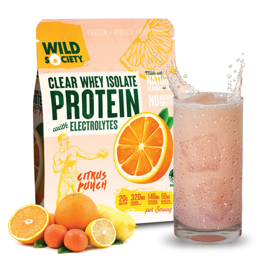 WILD SOCIETY - Premium Clear Whey Protein + Electrolytes - Refreshing Whey Protein Isolate Powder - 20g Protein, 0 Added Sugar, GMO-Free, Natural Flavors & Colors - Citrus Punch, 16 oz