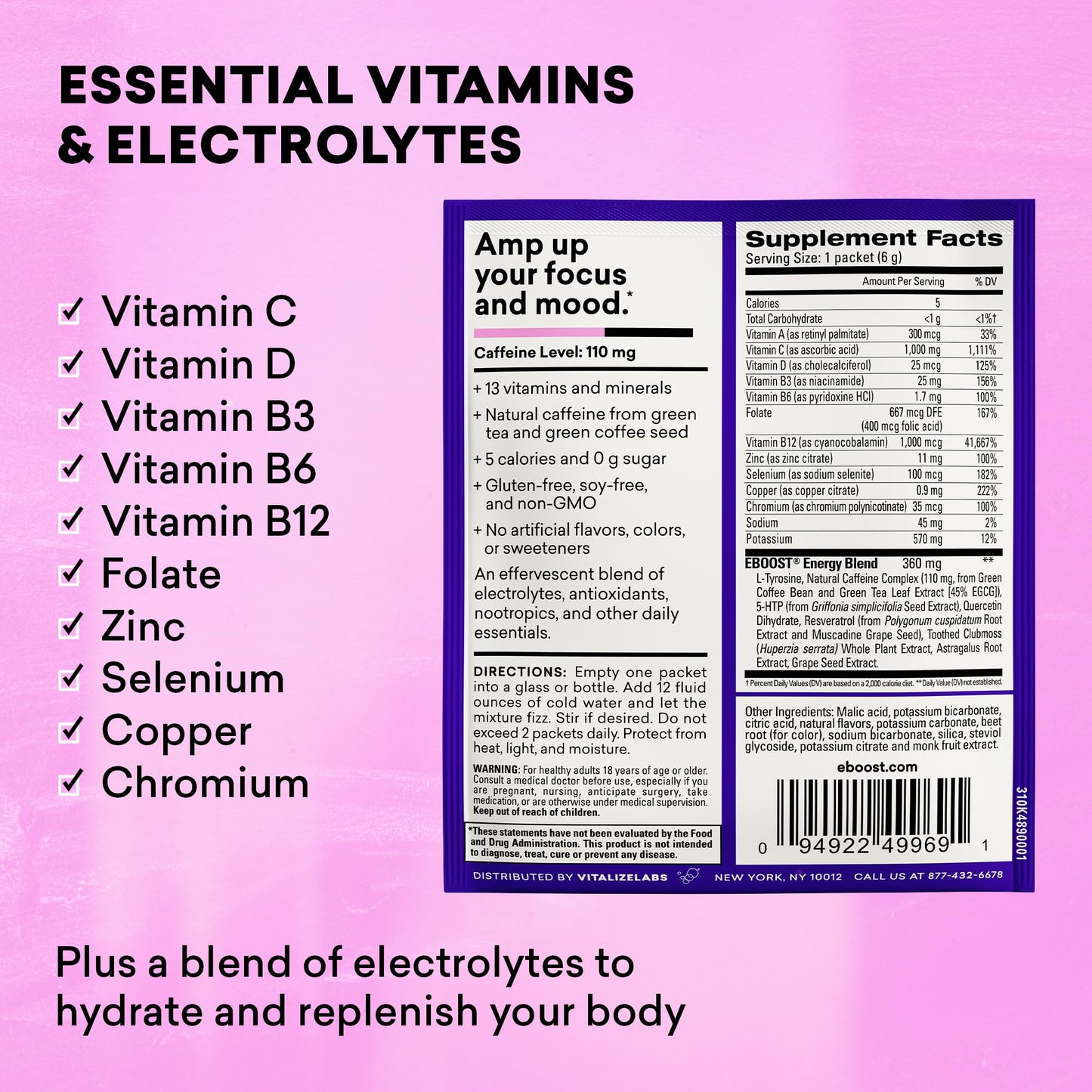 EBOOST Super Energy Powder Drink Mix, Non-GMO Electrolyte Supplement Loaded with Vitamins (Acai Pomegranate), 0.2 Ounce (Pack of 20)