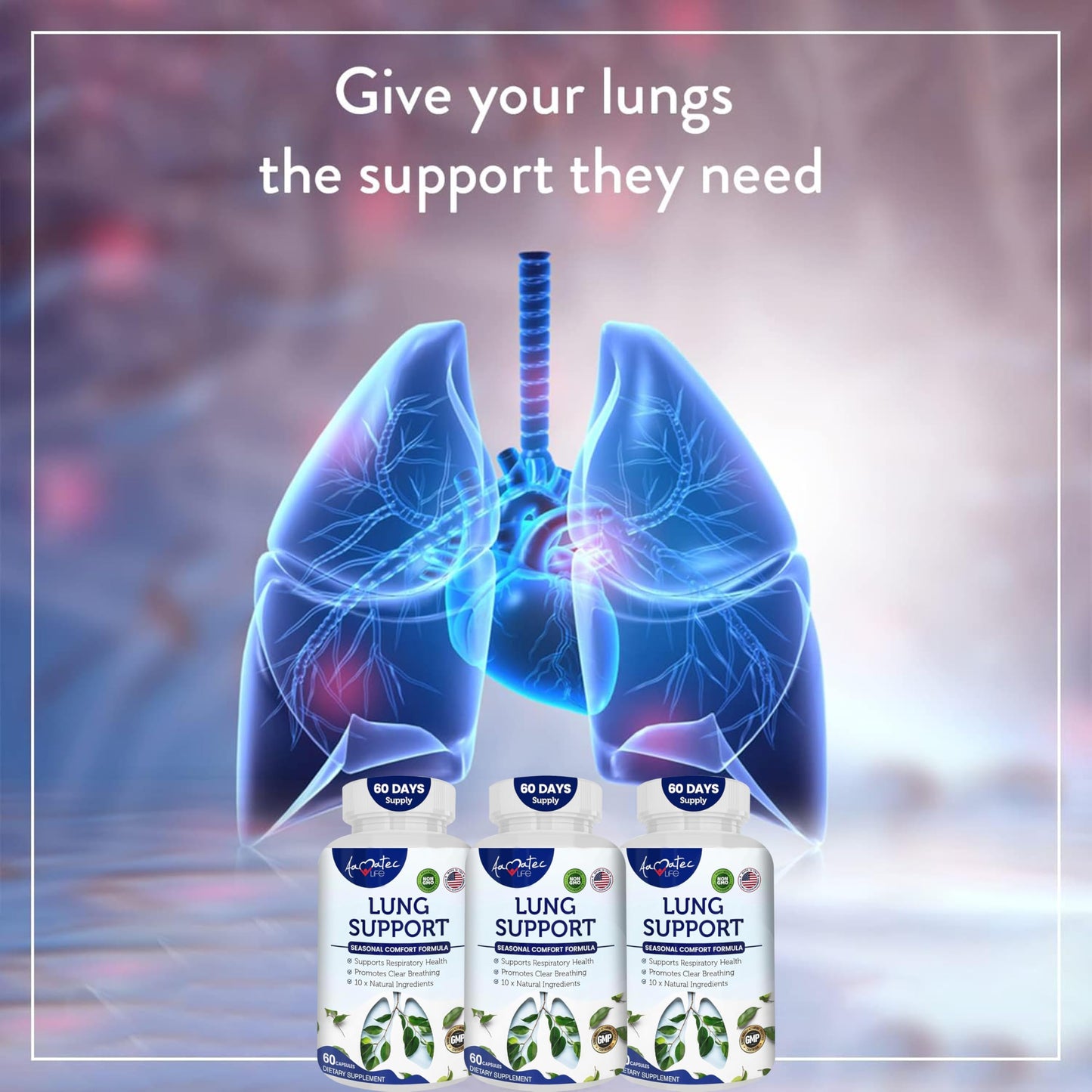AAMATEC LIFE Lung Support Dietary Supplements Herbal Breathing Support 10 Active Ingredients Original Formula for Lung Health Lung Cleanse Formula Supplement for Bronchial System 60 Capsules Non GMO