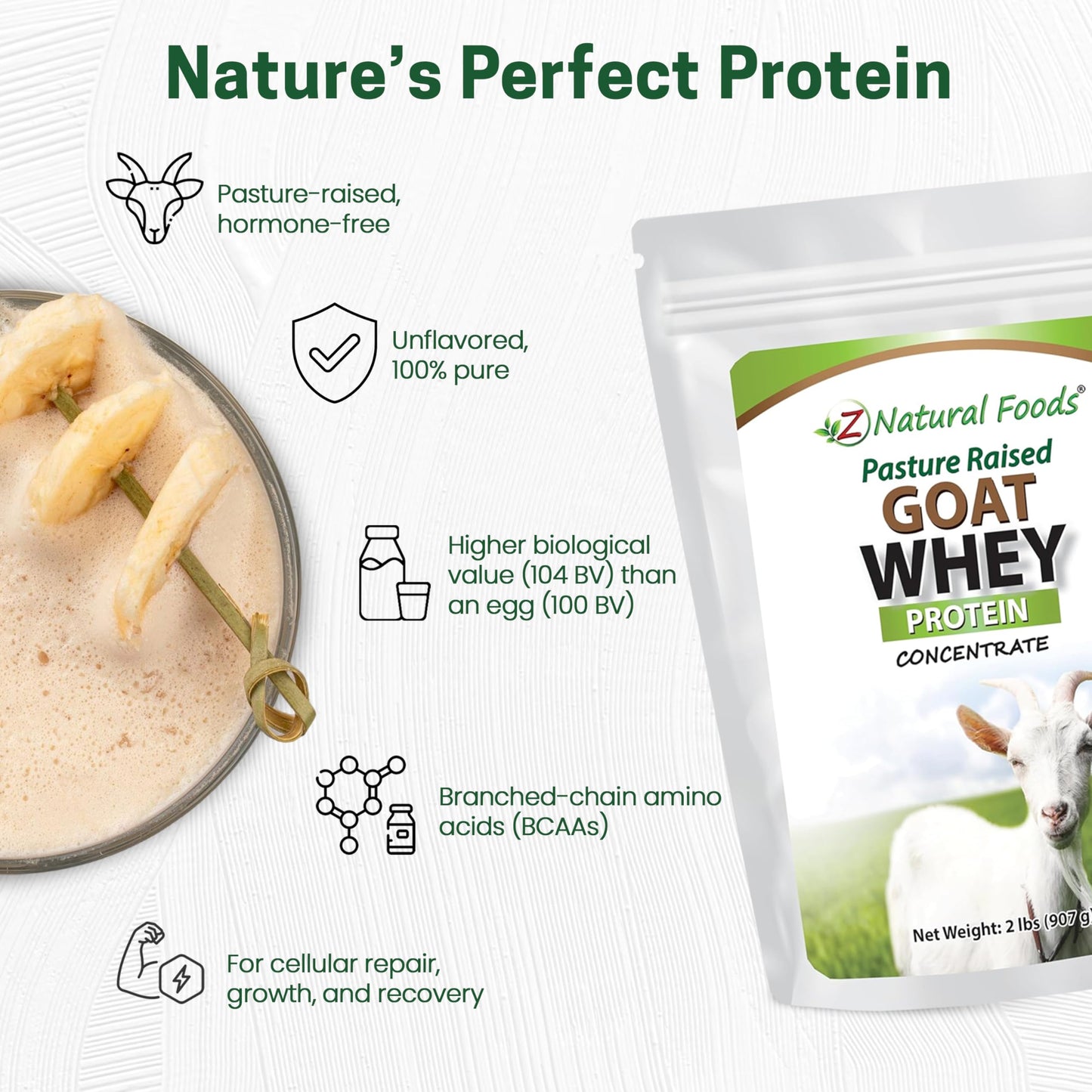Z Natural Foods Goat Whey Protein Powder Concentrate - Undenatured, Unflavored, Pasture Raised Whey - Clean Goat Protein Powder with Vital Proteins for Weight Management, Immune Support, Fitness, 2 lb
