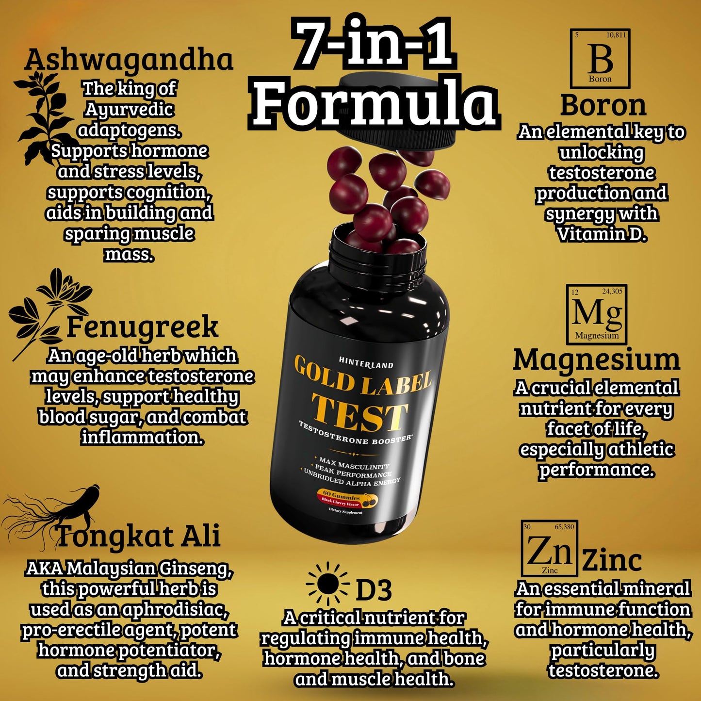 Gold Label Testosterone Booster Gummies with Tongkat Ali, Zinc, D3, Ashwagandha, Fenugreek, Magnesium, Boron for Male Enhancement, Muscle Building, Vitality, Strength, Performance, Energy - 60 Count