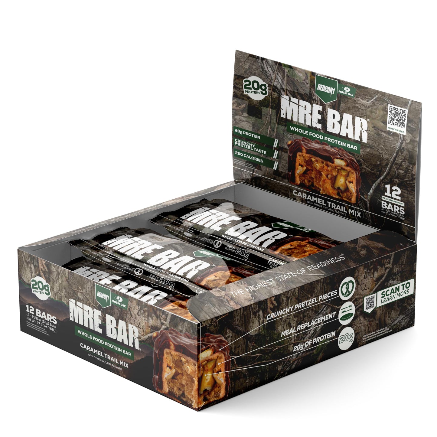 REDCON1 x Mossy Oak MRE Protein Bar, Caramel Trail Mix - 20g of Whole Food Protein + MCT Oil - Easily Digestible, Macro Balanced Low Sugar Meal Replacement Bar (12 Count)