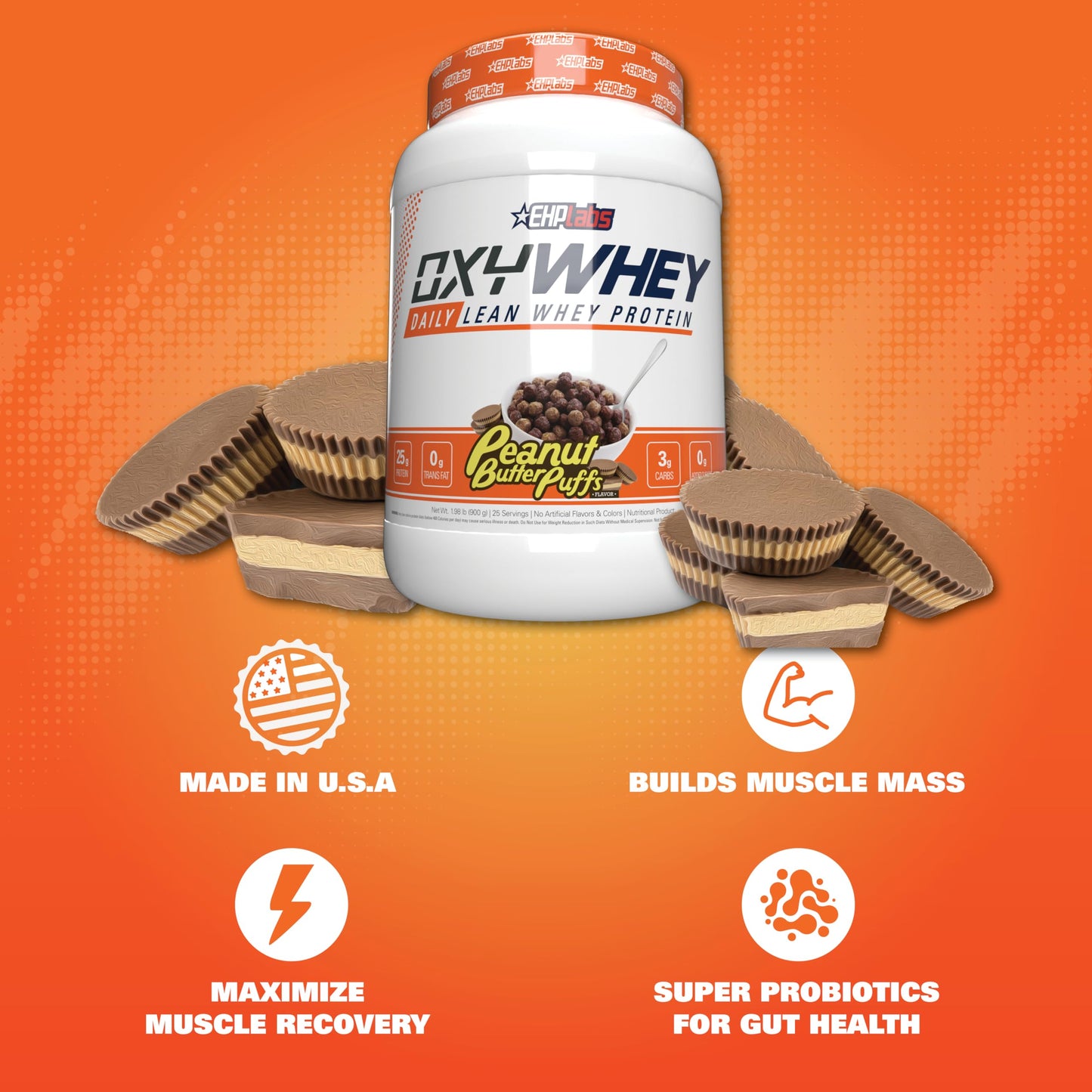 EHP Labs OxyWhey Whey Protein Isolate Powder - 25g of Whey Isolate Protein Powder, Meal Replacement Shake, Sugar Free Protein Powder - 25 Serves (Peanut Butter Puffs)