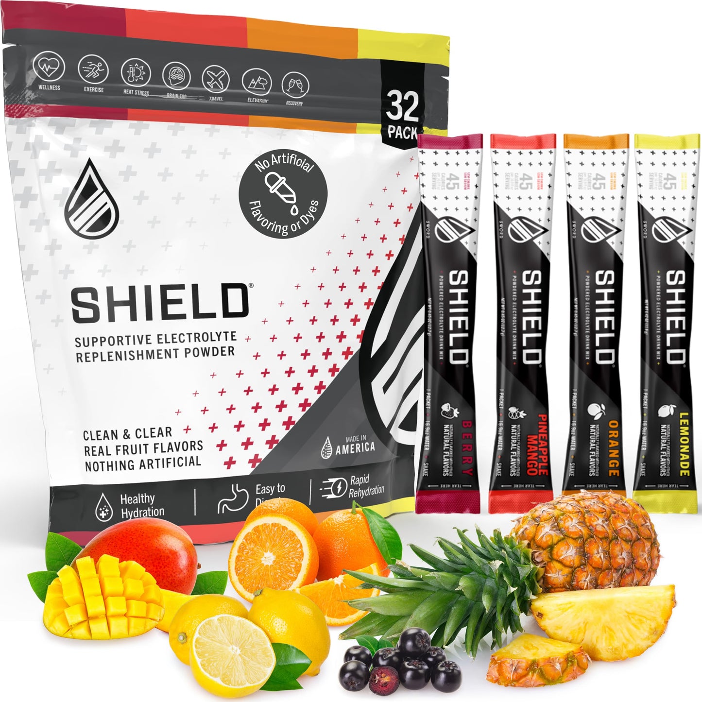 SHIELD 32ct ALL NATURAL Low Cal Electrolyte Healthy Hydration Multiplier Powder Packets, Eco-Friendly Pouch, Water Booster Drink Mix for Rapid Dehydration Relief and prevention, Vegan, Non-GMO