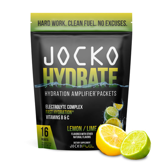 Jocko Fuel Hydrate Electrolytes Powder Packets Low Sugar - Hydration Amplifier Packets for Recovery, Dehydration, & Exercise - with Vitamins B6, B12 & C (16 Packets) Lemon Lime