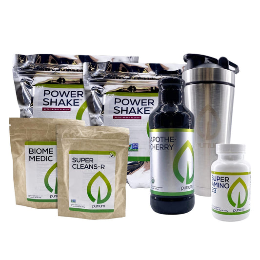 Purium Cleansing + Fitness Bundle - Includes Power Shake (Apple Berry), Apothe-Cherry, Super Amino 23, Super CleansR, Biome Medic, & Blender Bottle