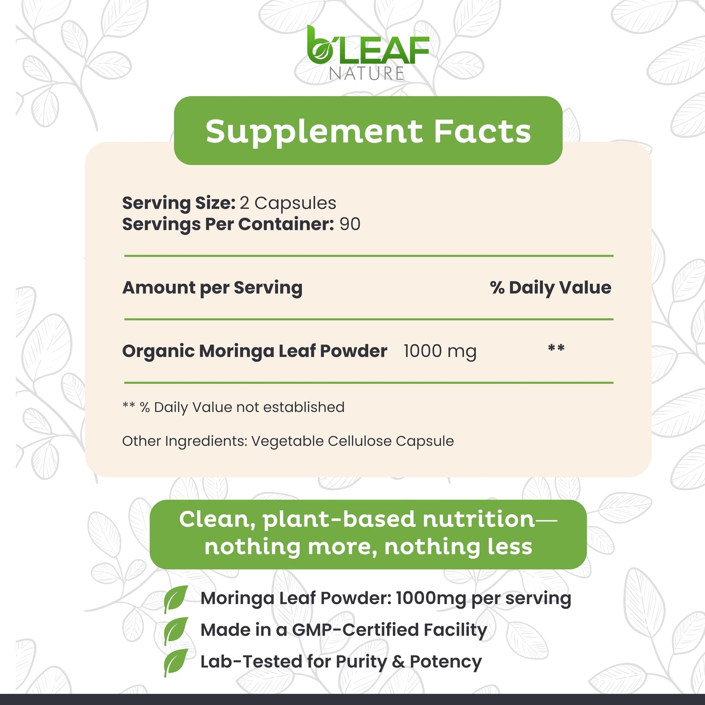 B'LEAF NATURE Organic Moringa Oleifera 180 Capsules, 1000mg - Organic Moringa Powder Capsules - Pure Moringa Leaf Capsules Energy Natural Wellness & Immune Support - Vegan, Non-GMO Moringa Supplement